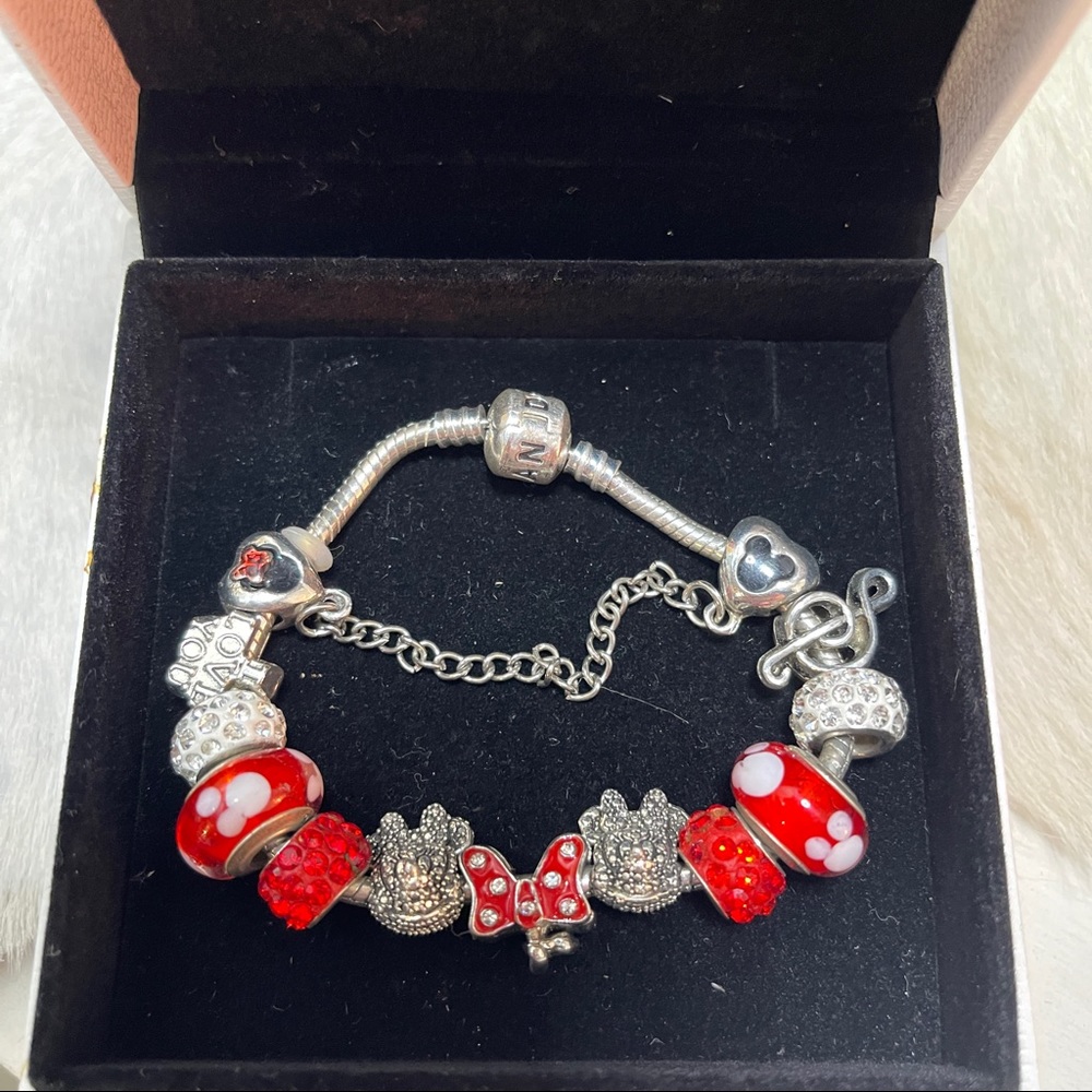 Vintage silver Pandora snake chain bracelet, Minnie themed beads